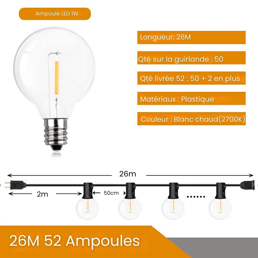 Guirlande lumineuse extérieure LED Ginguette 26M 52LEDS pour décorer votre jardin