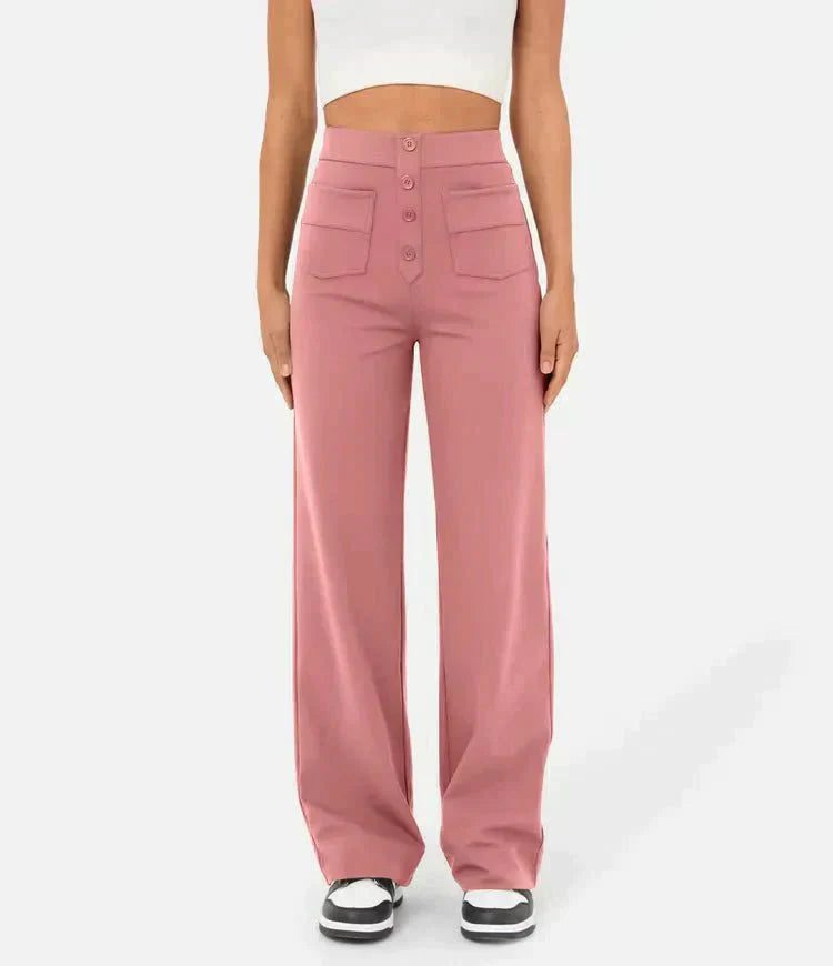 Pantalon extensible taille haute Ambre en Rose - Confort ultime et poches pratiques