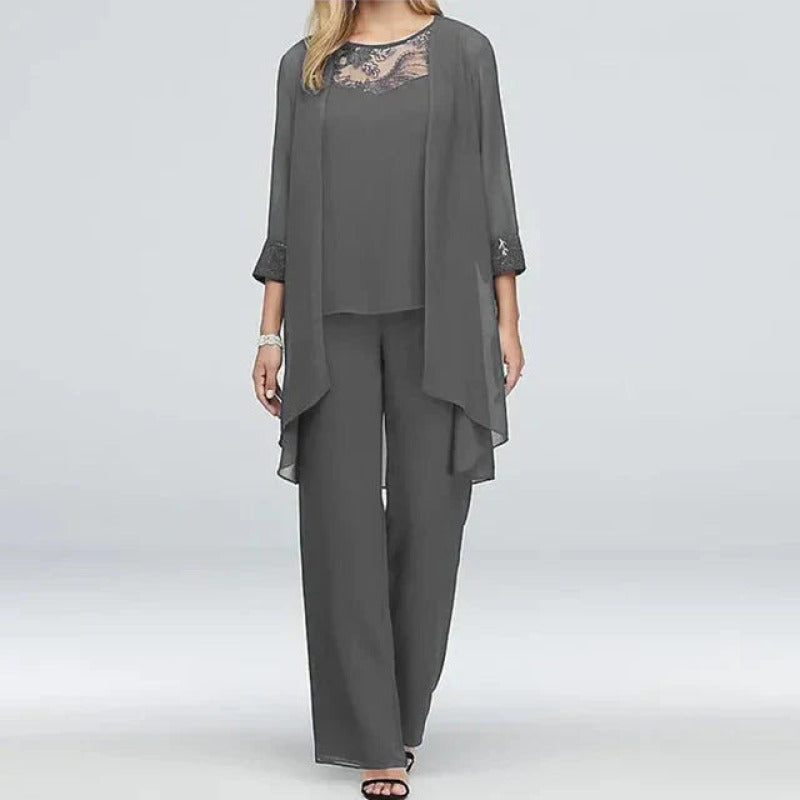 Ensemble Trois Pièces Ultime Amelia Gris | Pantalon Jambe Droite - Style Chic et Confortable