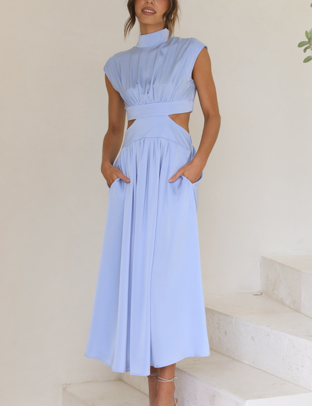 Robe élégante Ana en coton naturel avec poches, couleur Bleu clair, robe été