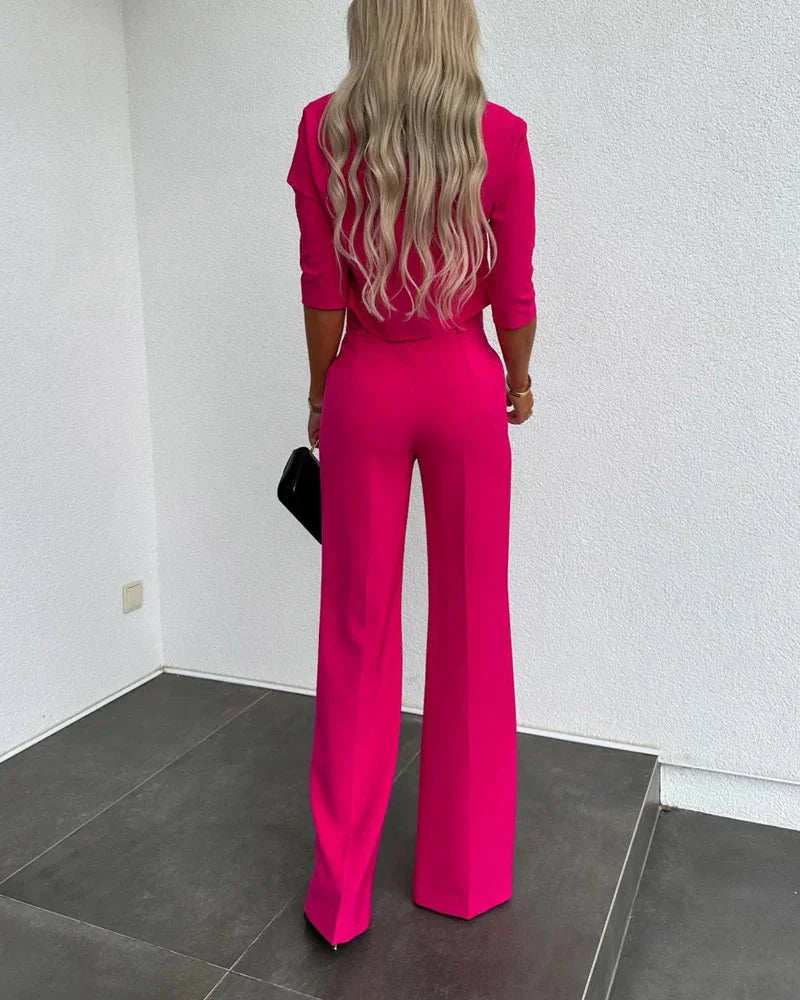 Veste à taille haute et pantalon droit en polyester confortable - Ensemble chic Camila
