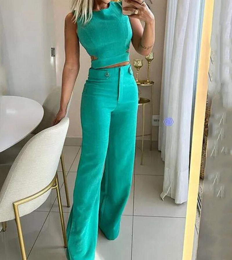 Ensemble chic Ciara haut court et pantalon taille haute en polyester haute qualité - Bleu tendance pour femme