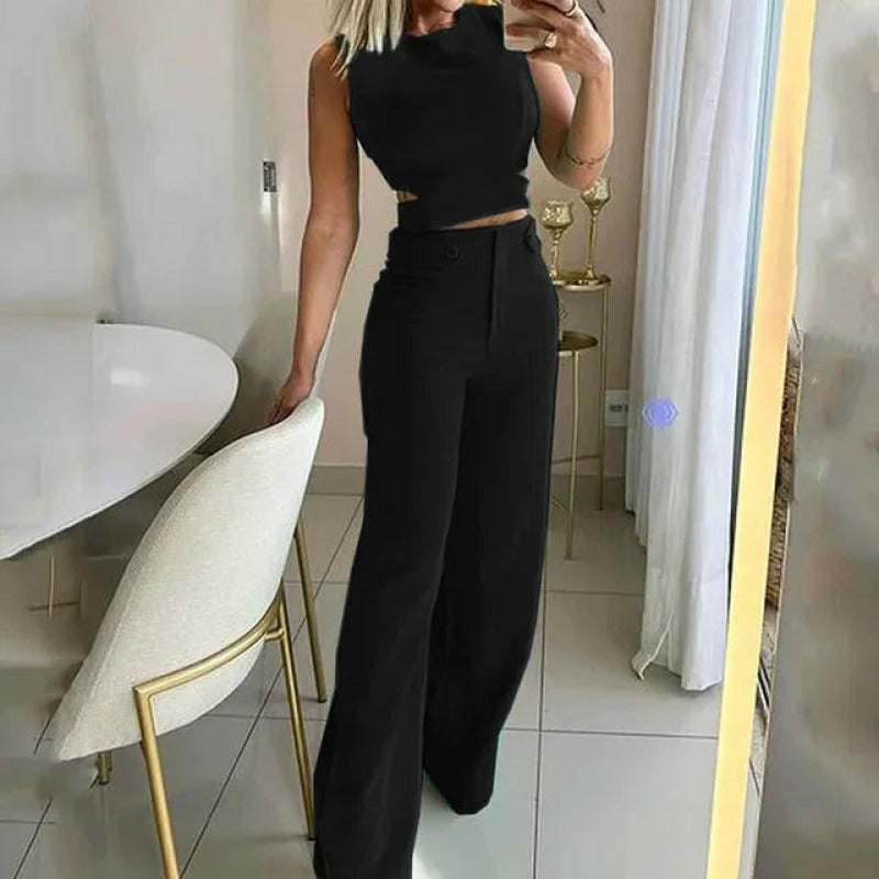 Ensemble chic Ciara haut court et pantalon taille haute en polyester haute qualité - Noir luxueux pour femme