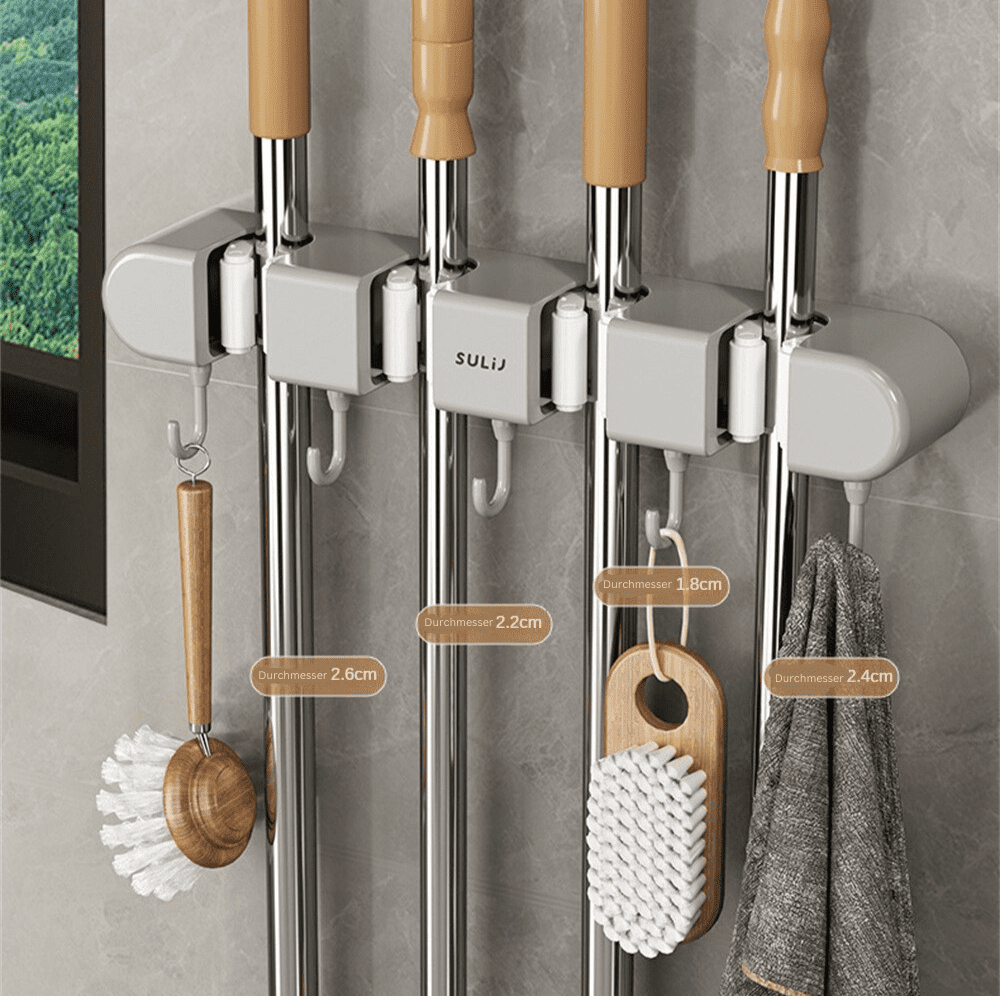 Support serpillières ClutterClear avec porte-balais mural pour un rangement facile