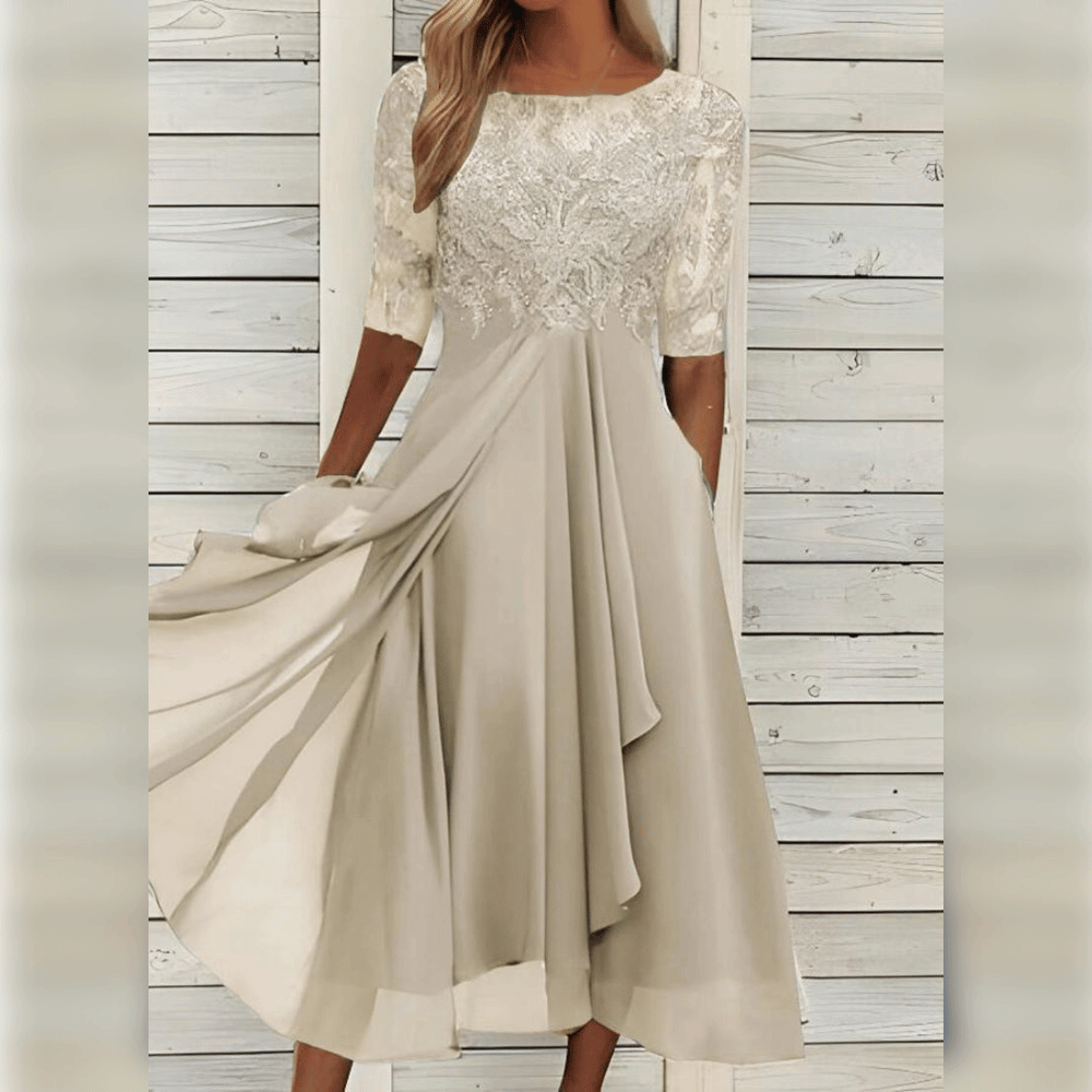 Robe midi parfaite Coline en Beige | Confort léger et motifs élégants pour une élégance intemporelle
