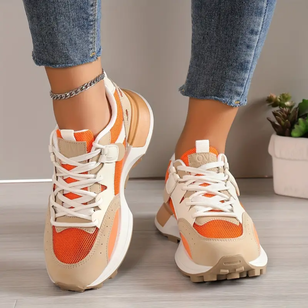 Baskets Confortables en Cuir Orange - Chaussures de Sport Antidérapantes pour Femmes