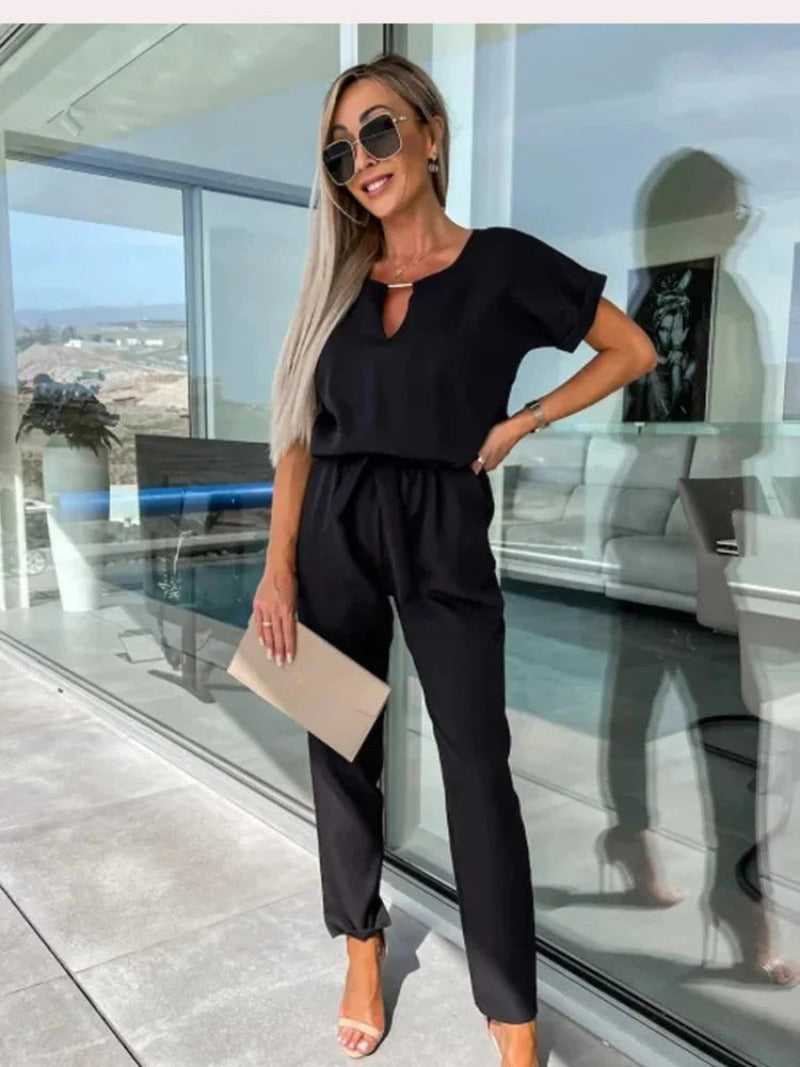 Combinaison Chic & Élégante en Polyester de Qualité - Taille Élastique, Col en V
