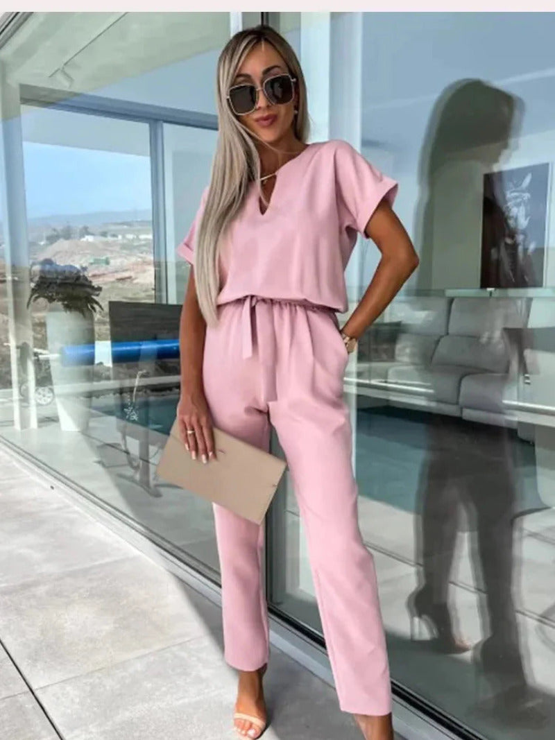 Combinaison Chic & Élégante en Polyester de Qualité - Taille Élastique, Col en V