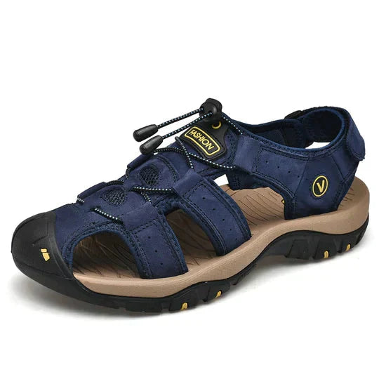 Sandales en cuir véritable bleue pour hommes avec soutien voûte plantaire et semelles absorbant chocs