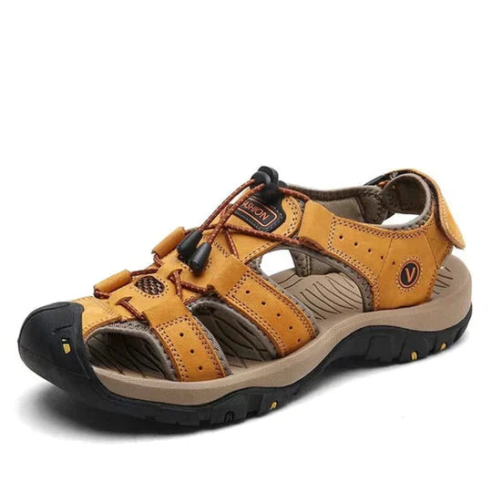 Sandales en cuir véritable doré pour hommes avec soutien voûte plantaire et semelles absorbant chocs
