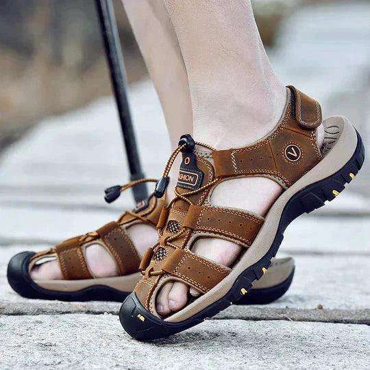 Sandales en cuir véritable pour hommes avec soutien voûte plantaire et semelles absorbant chocs