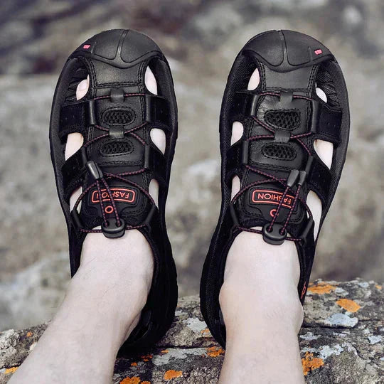 Sandales en cuir véritable pour hommes avec soutien voûte plantaire et semelles absorbant chocs