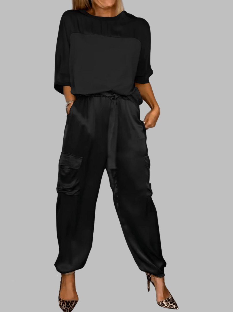 Ensemble de mode deux pièces en satin Eileena couleur Noir | Look sophistiqué et tenue polyvalente pour femmes