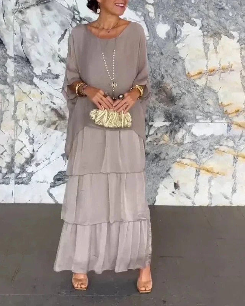 Robe longue élégante Elsie à col en O pour femmes - Gris sophistiqué, confort inégalé