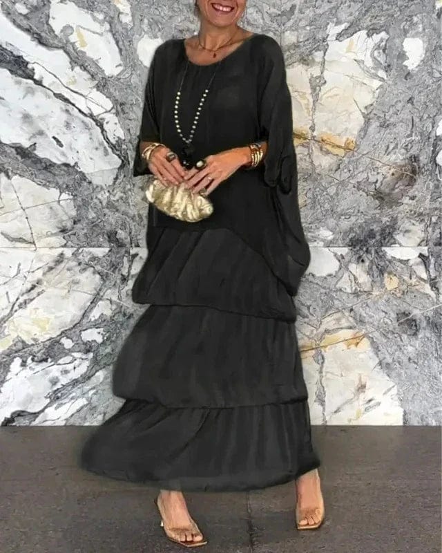 Robe longue élégante Elsie à col en O pour femmes - Noir chic et confiant, style artistique