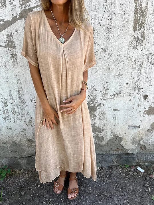 Robe midi Elva à col V en Abricot | Manches mi-longues et confort luxueux tra