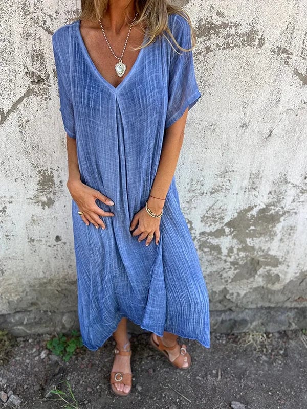 Robe midi Elva à col V en Bleu | Silhouette flatteuse et style polyvalent tra