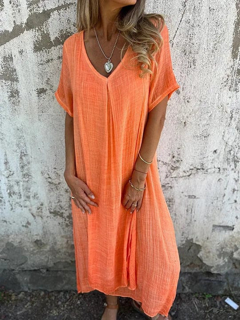 Robe midi Elva à col V en Orange | Charme et assurance pour votre garde-robe
