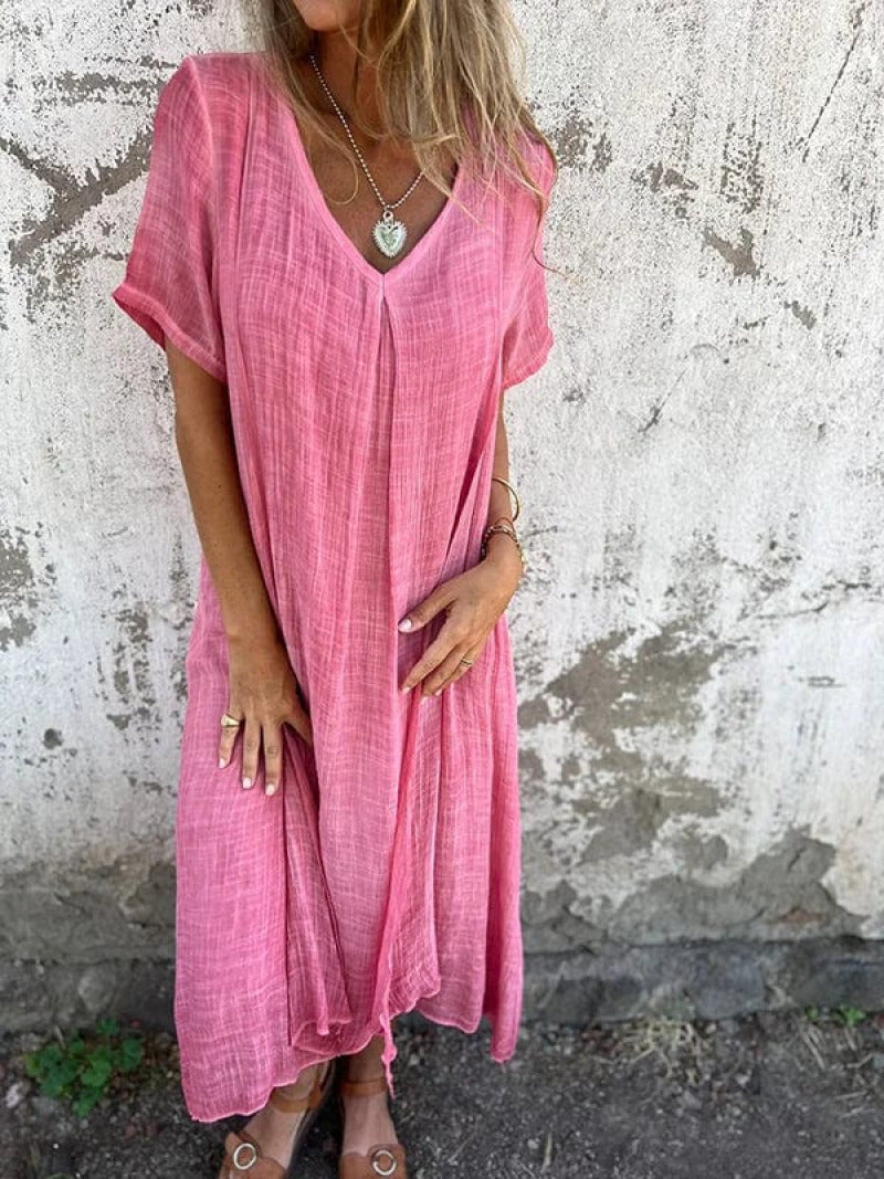 Robe midi Elva à col V en Rose | Confort luxueux et élégance intemporelle tra