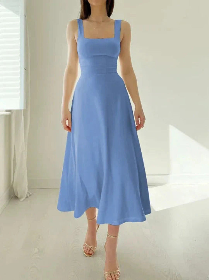 Robe réversible Emma - Bleu décolleté carré, look décontracté, poches élégantes, mode féminine