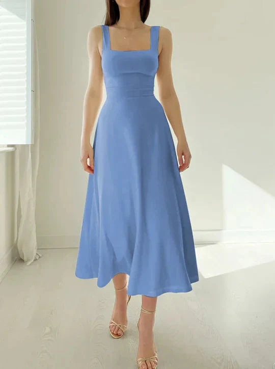 Robe réversible Emma - Bleu décolleté carré, look décontracté, poches élégantes, mode féminine