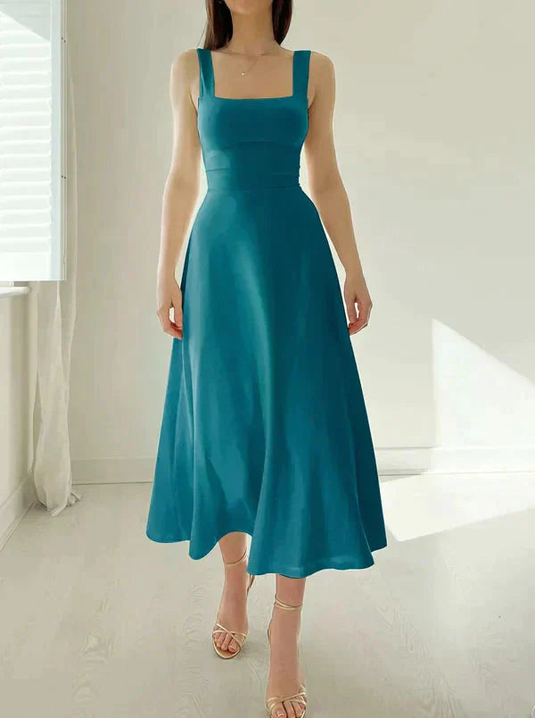 Robe réversible Emma - Bleu-vert décolleté carré, style chic, taille ajustable, tissu opaque, mode féminine