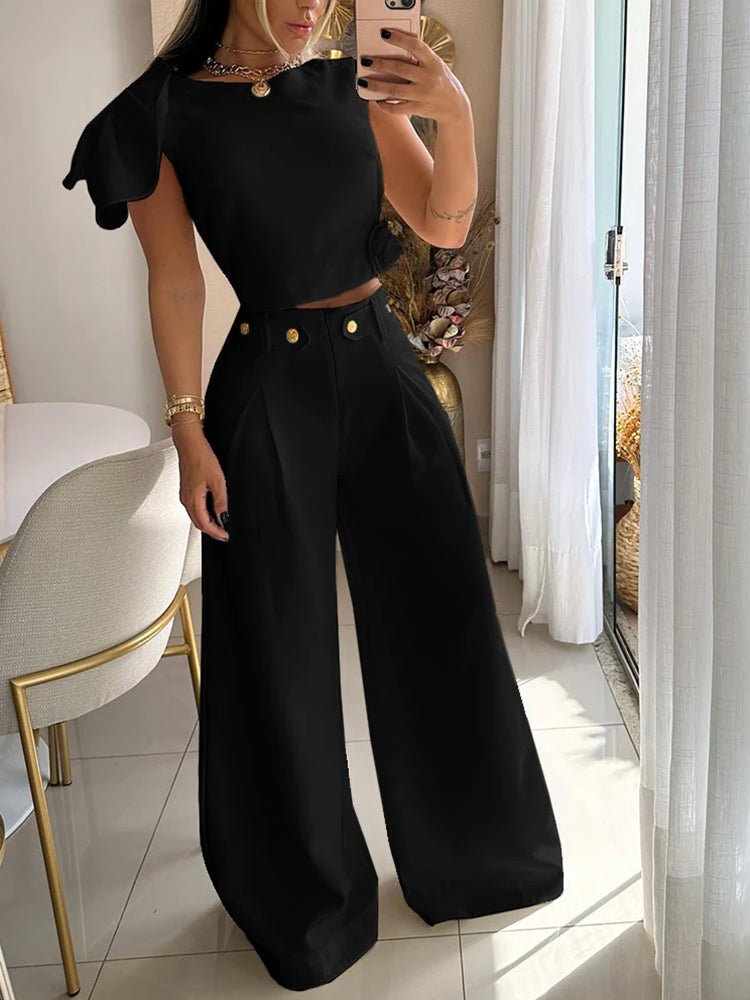 Ensemble Brunelle Noir profond - Blouse avec nœud et pantalon palazzo pour une sophistication moderne