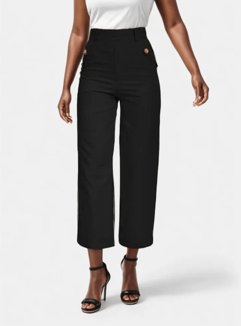 Pantalon Large Noir Tendance Été - Contrôle du Ventre et Polyvalence en Sergé