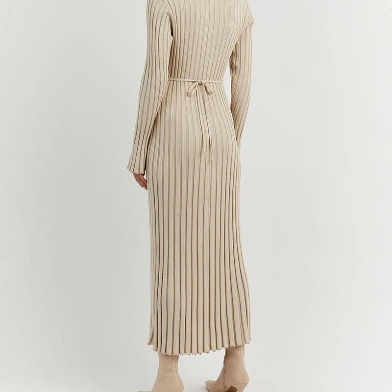Robe en tricot à col V - Maille côtelée et ajustable à la taille pour un style chic et confortable