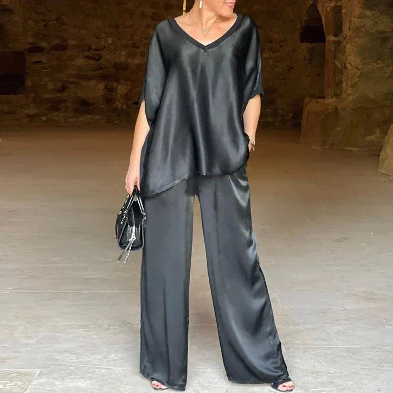 Ensemble Soyeux Isabella avec Haut V et Pantalon Large en Polyester de Qualité do