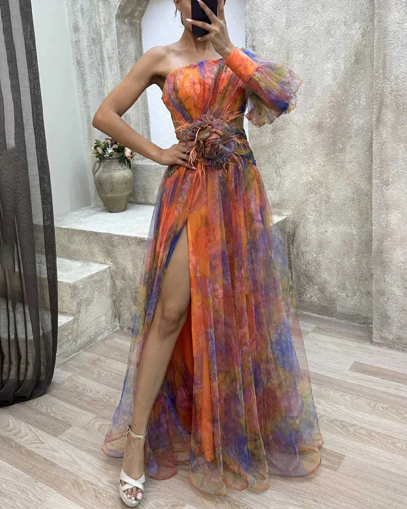Robe longue imprimée floral Juliette en orange, nouveau modèle et mode femme
