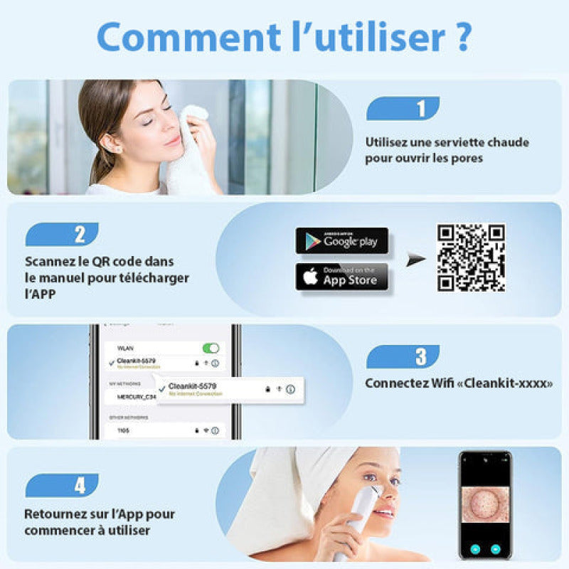 Aspirateur point noir avec caméra HD, 6 embouts, nettoyage de qualité et sans fil pour une peau nette.