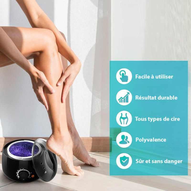 Chauffe-cire électrique de qualité 500 ml, design compact, thermostat réglable, idéal pour épilation à domicile.