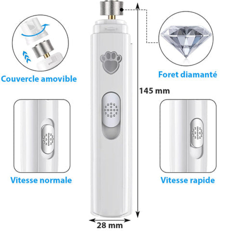 Coupe-ongles électrique de qualité pour animaux, rechargeable, silencieux, avec deux vitesses et design confort.