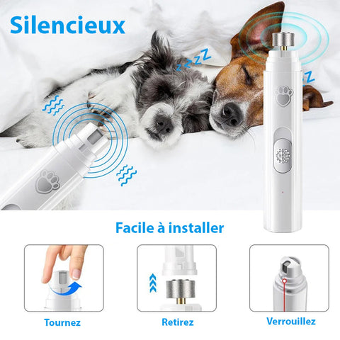 Coupe-ongles électrique de qualité pour animaux, rechargeable, silencieux, avec 2 vitesses et 3 ports de broyage.
