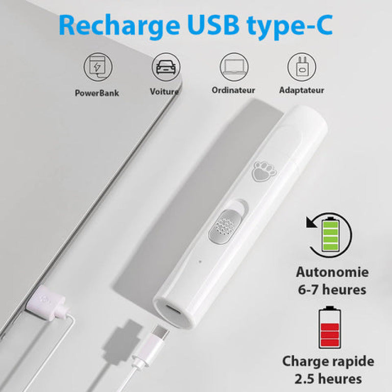 Coupe-ongles électrique de qualité pour animaux, rechargeable, silencieux, avec 2 vitesses et design confort.