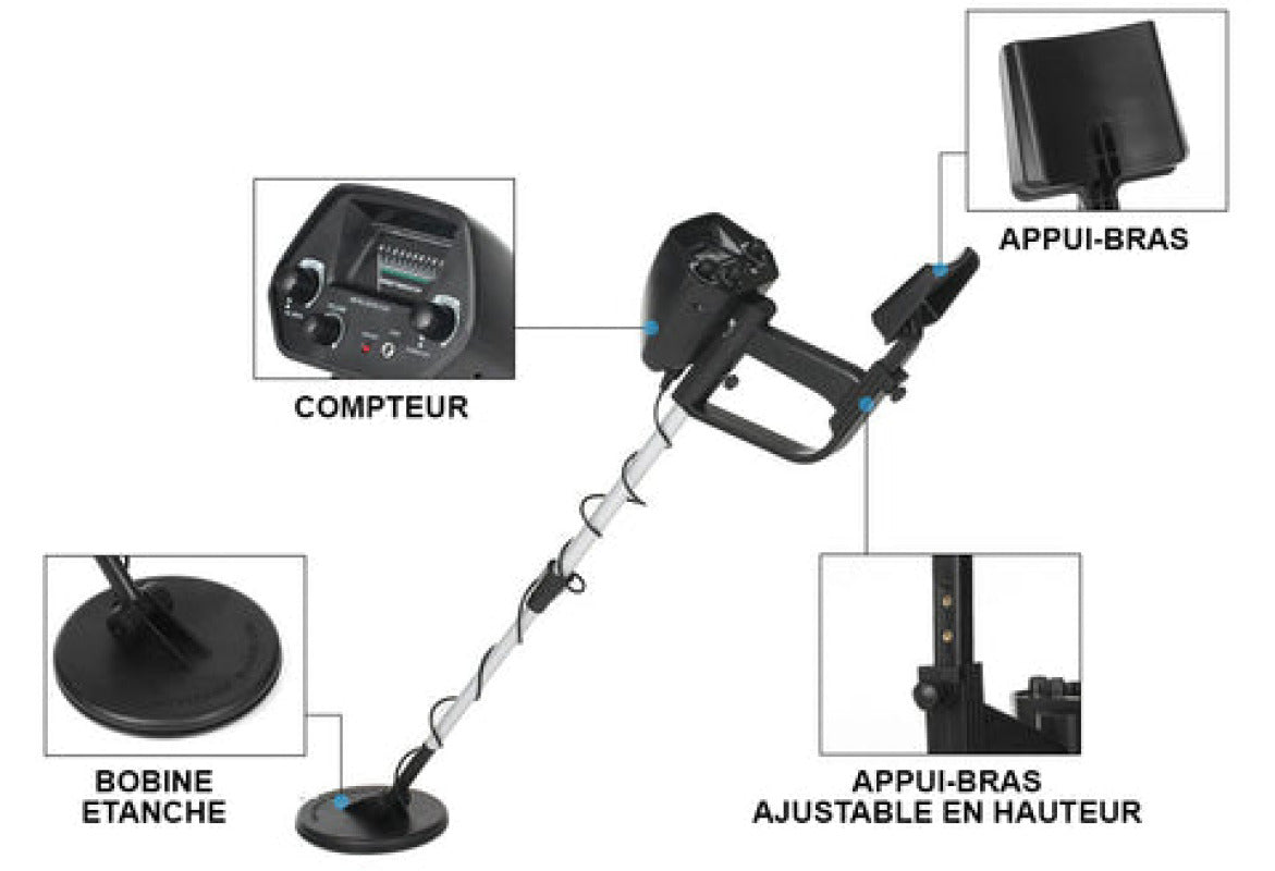 Image du détecteur de métaux de qualité avec tige ajustable et bobine étanche, idéal pour la chasse au trésor.