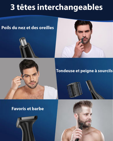Image de la tondeuse nez 3-en-1 rechargeable, avec têtes interchangeables pour un soin précis et confortable.
