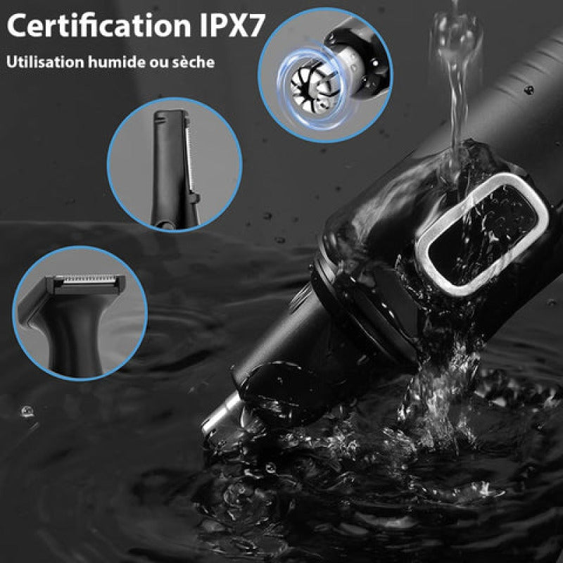 Tondeuse nez 3-en-1 rechargeable avec têtes interchangeables, design confort et utilisation humide ou sèche.