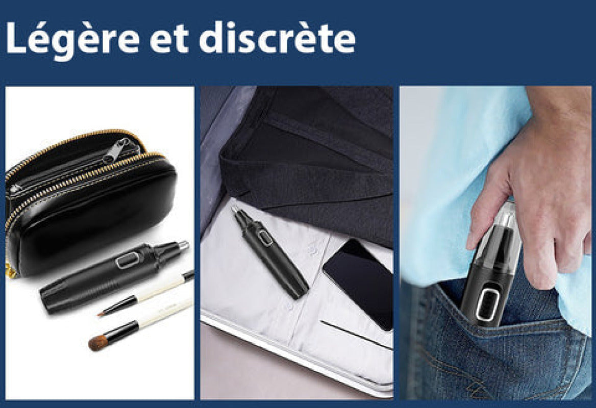 Tondeuse nez 3-en-1 rechargeable avec têtes interchangeables, design confort et utilisation humide ou sèche.