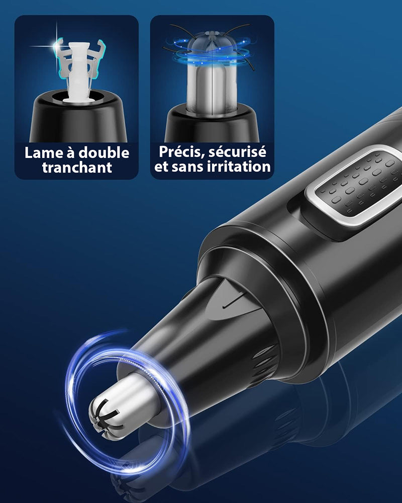 Image de la tondeuse nez 3-en-1 rechargeable, avec têtes interchangeables, design ergonomique et base de rangement.