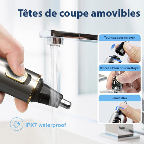 Tondeuse nez 3-en-1 rechargeable, avec têtes interchangeables pour un soin précis et confortable des poils indésirables.