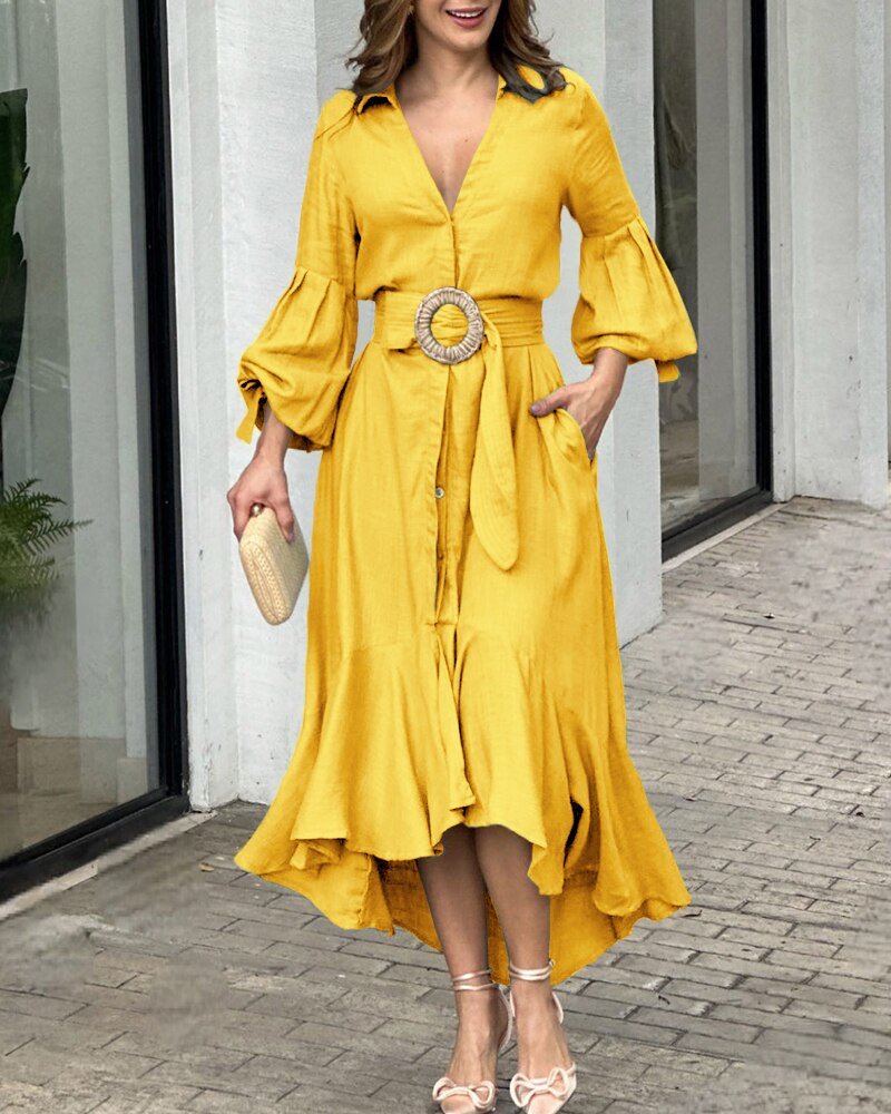 Robe Lila en polyester premium avec décolleté col V, poignets plissés et lien à nouer - élégance moderne - Jaune