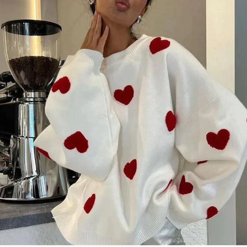 Pull coeurs en tricot doux blanc pour un look frais et tendance