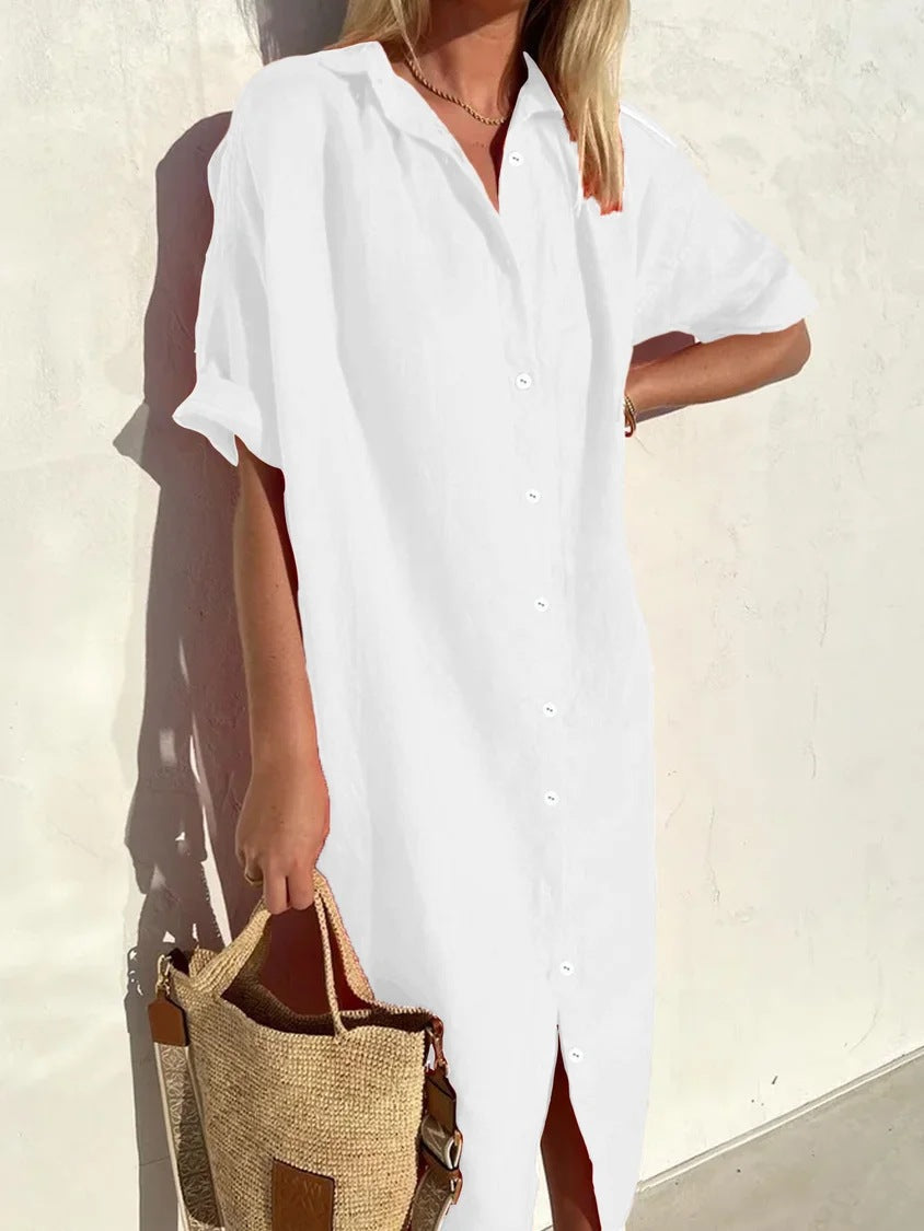 Robe longue style t-shirt Milana en lin blanc, facile à assortir