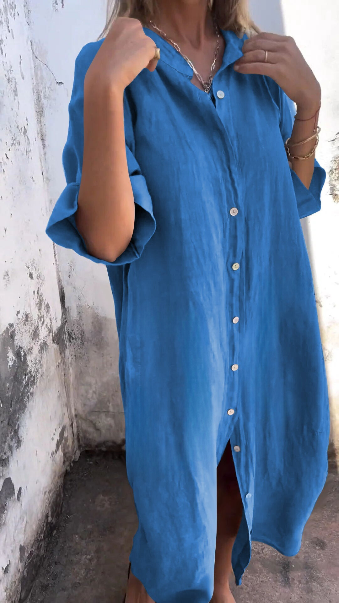 Robe longue style t-shirt Milana en lin bleu, confort et fraîcheur