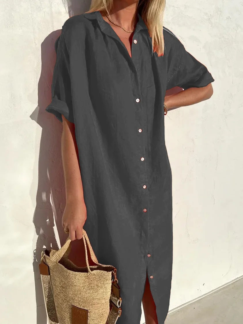 Robe longue style t-shirt Milana en lin gris, détails élégants