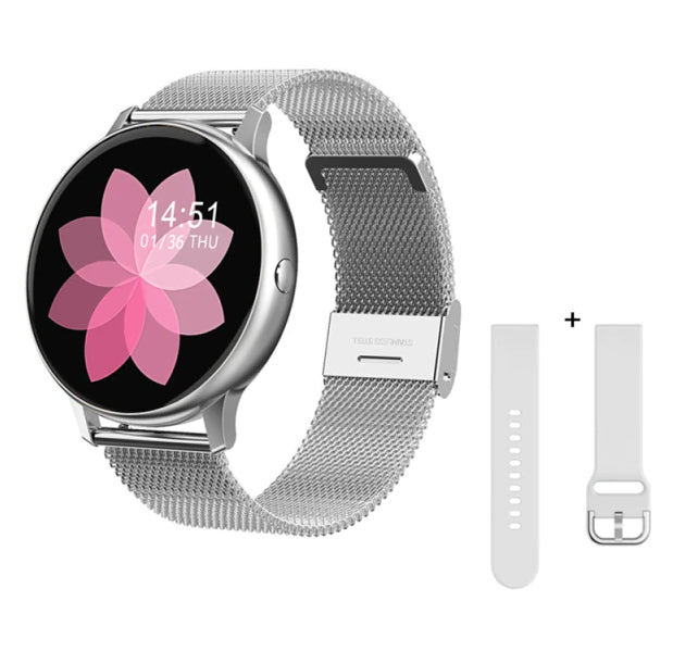 Montre connectée intelligente pour Femme et Homme - Gris Neo + bracelet blanc crème - Autonomie prolongée, Notifications smartphone, Smartwatch esthétique