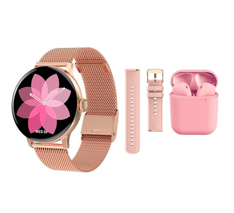Montre connectée intelligente pour Femme et Homme - Or Neo + Bracelets + Écouteurs rose - Écran tactile couleur, Design minimaliste, Suivi santé