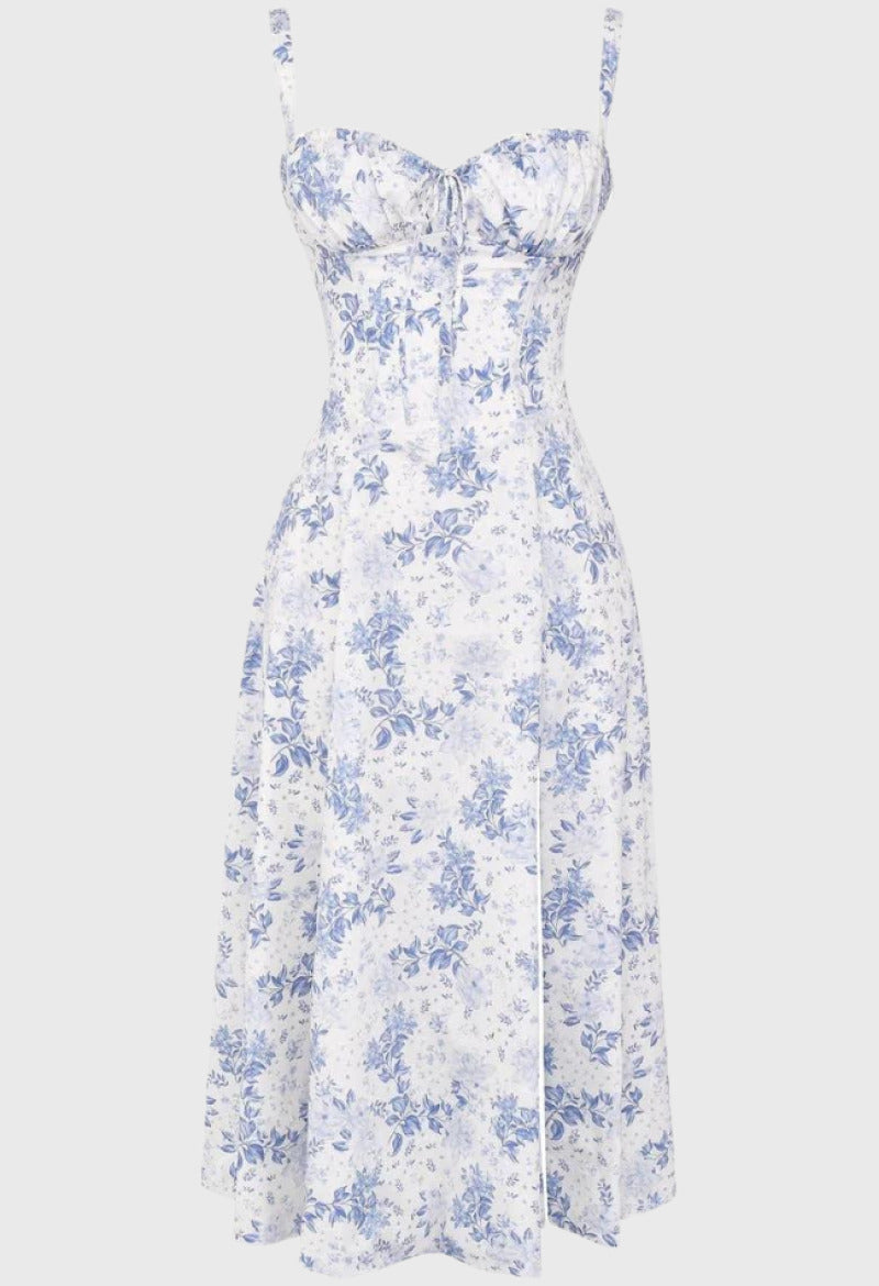 Robe d'Été à Fleurs Nathalie - Impression bleue, Style Polyvalent et Luxe tra